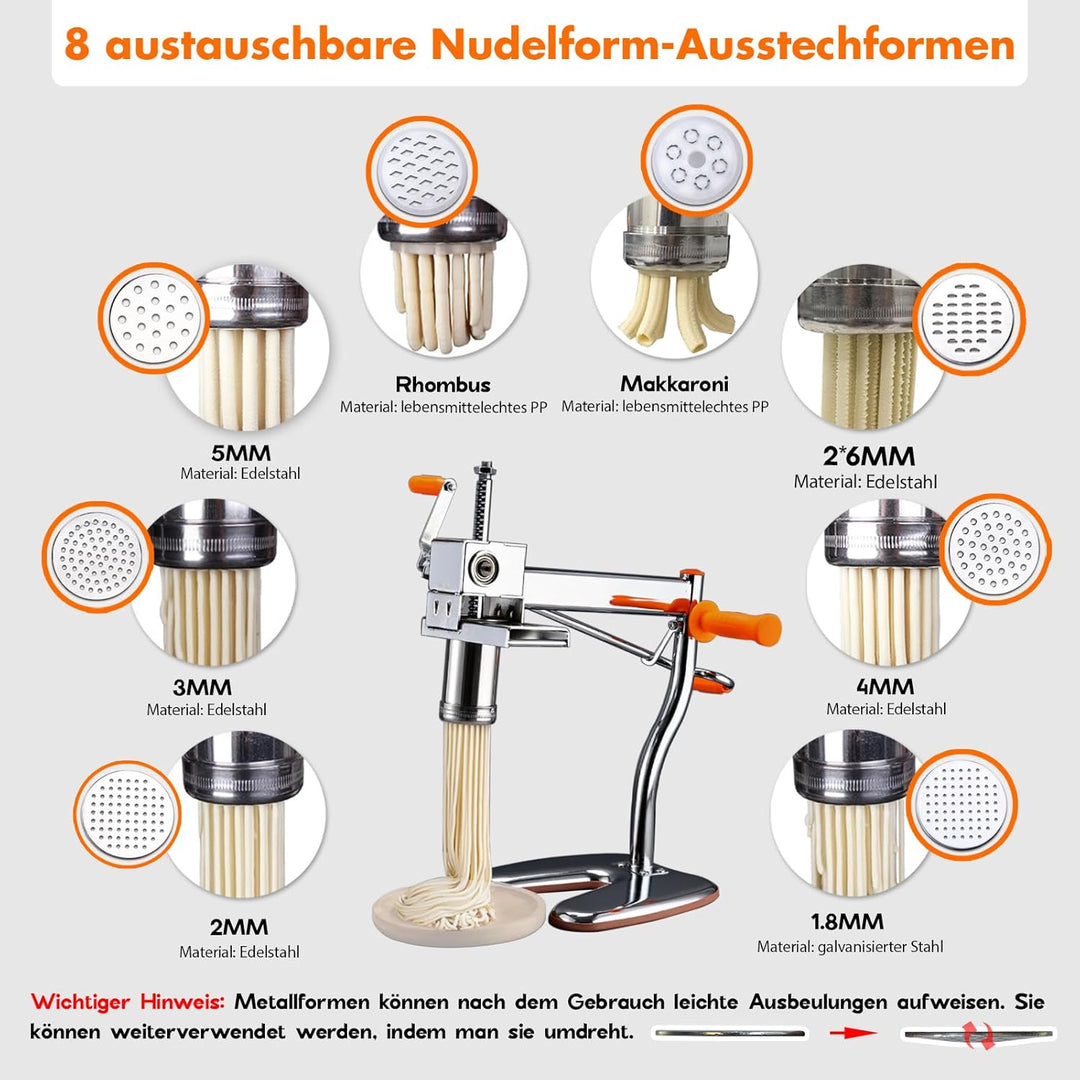 Nudelmaschine mit 8 Stahl-Formen | Ideal für Maccheroni, Fettuccine & Tagliolini | 30-Sekunden Schne