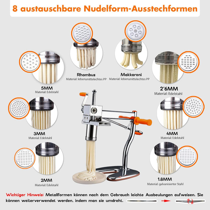 Nudelmaschine mit 8 Stahl-Formen | Ideal für Maccheroni, Fettuccine & Tagliolini | 30-Sekunden Schne