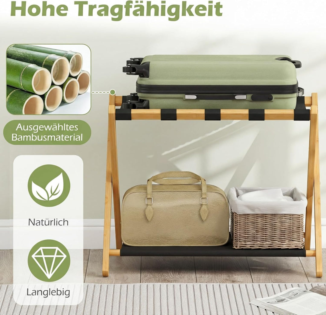COSTWAY 2er pack Kofferständer Klappbar, Gepäckablage aus Bambus mit Nylonriemen und Oxford-Stoff Ab