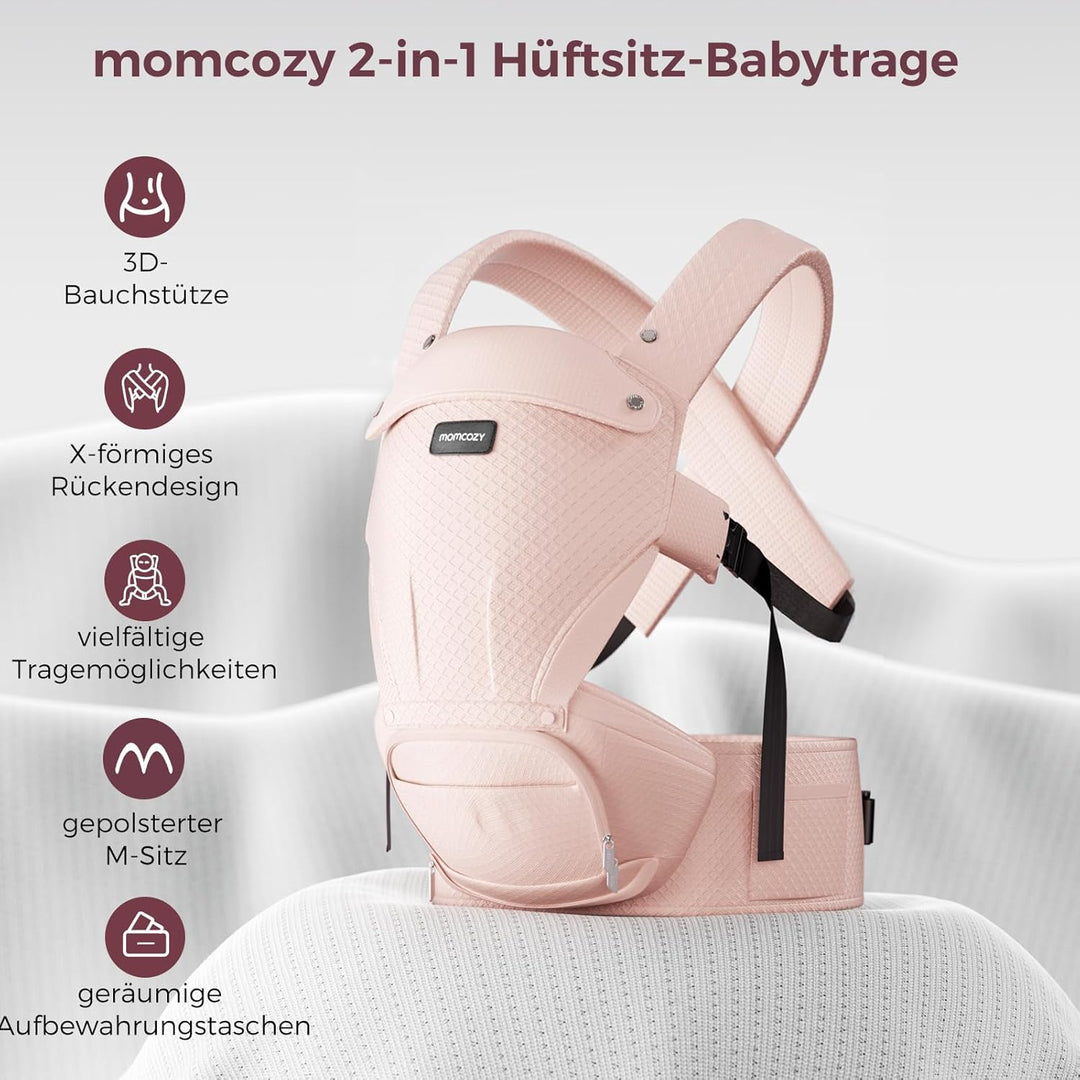 Momcozy Babytrage mit Hüftkissen, 2-in-1 Verstellbare &amp; Abnehmbare Babytrage bis 20kg Rosa