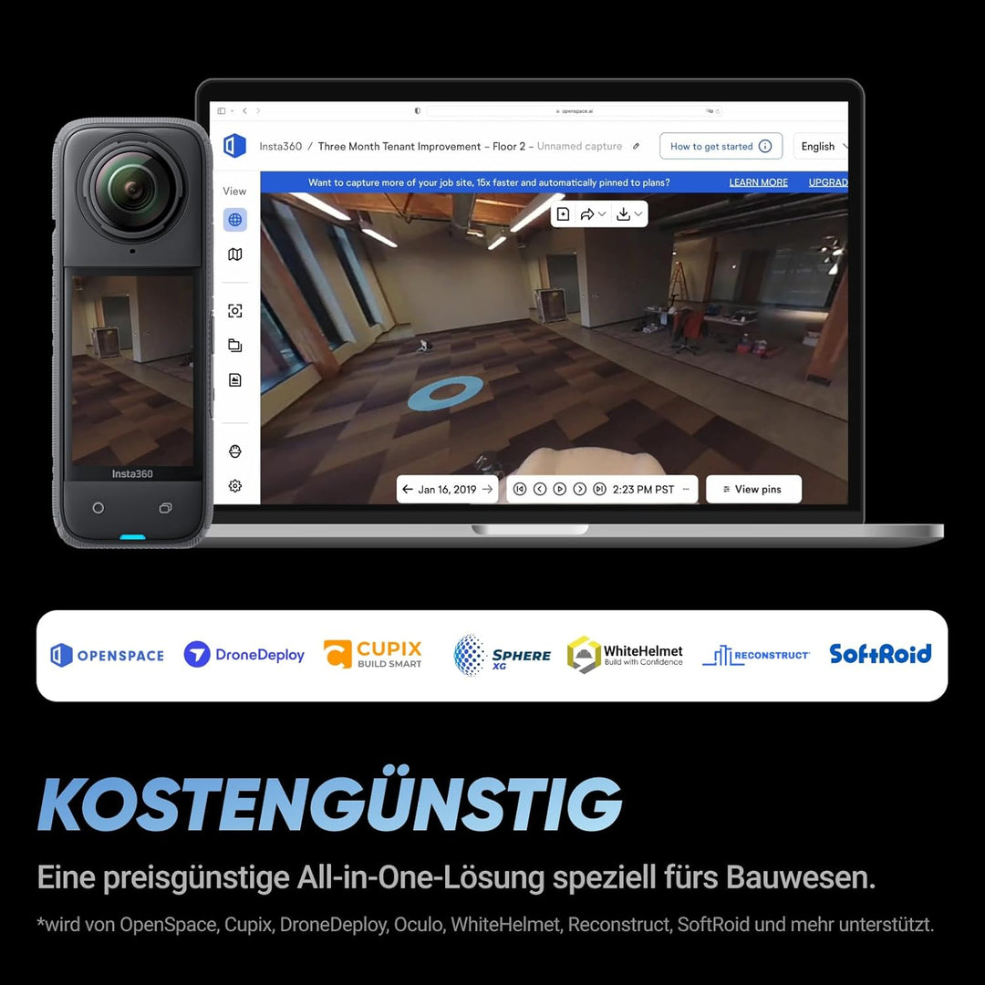 Insta360 X4 Baustellen-Bundle Selfie-Stick - 360°-Baustellen-Kamera, 8K 30 fps 360°-HDR-Videos, 72 M