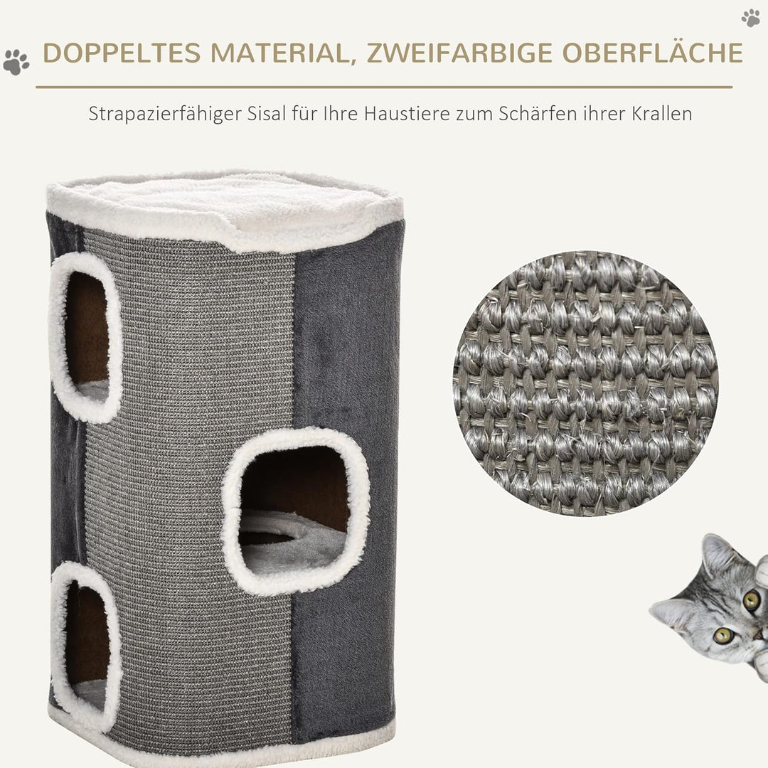 PawHut Kratztonne 74 cm Hoch dreistöckige Katzentonne mit Kissen, Plüschrand, Katzenhöhle, Kratzbaum