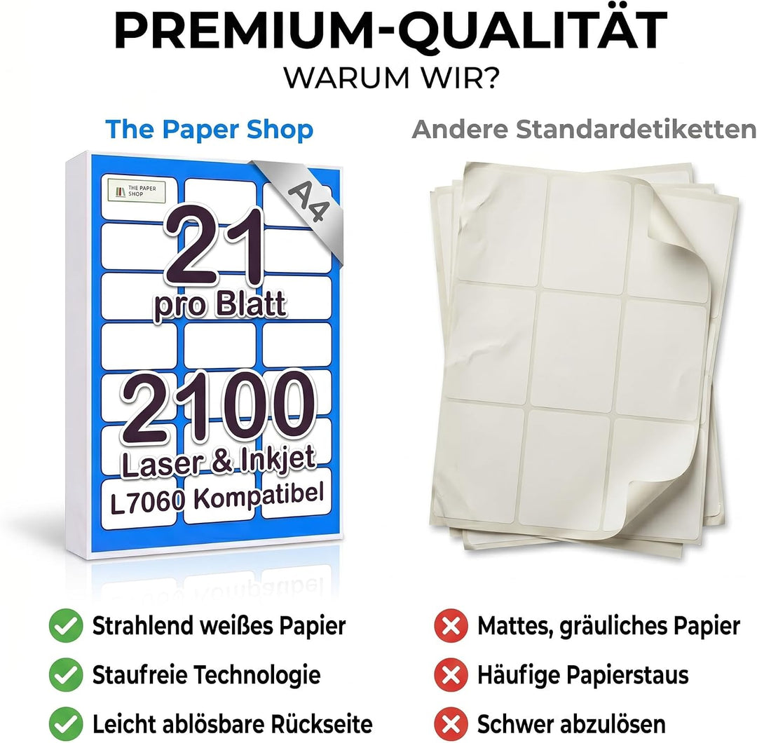 [2100 Etiketten] Etiketten Selbstklebend Bedruckbar A4 21 Pro Blatt | Adressetiketten Selbstklebend