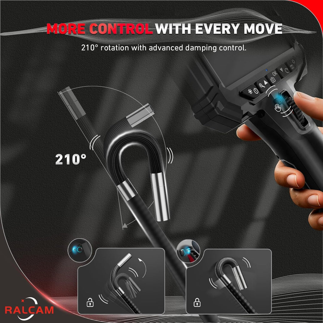 Ralcam Endoskopkamera mit Licht, Endoscope Camera mit 210° beweglichem Kopf, 5.5mm Sonde, 5" HD Bild