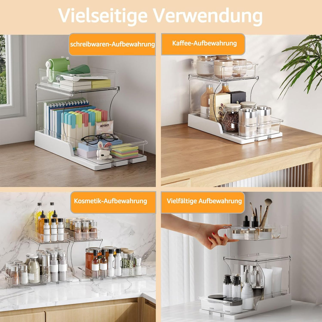 2er Set Badablage Organizer mit Schubladen, 2-stufig drehbar, transparenter Badezimmer Organizer für