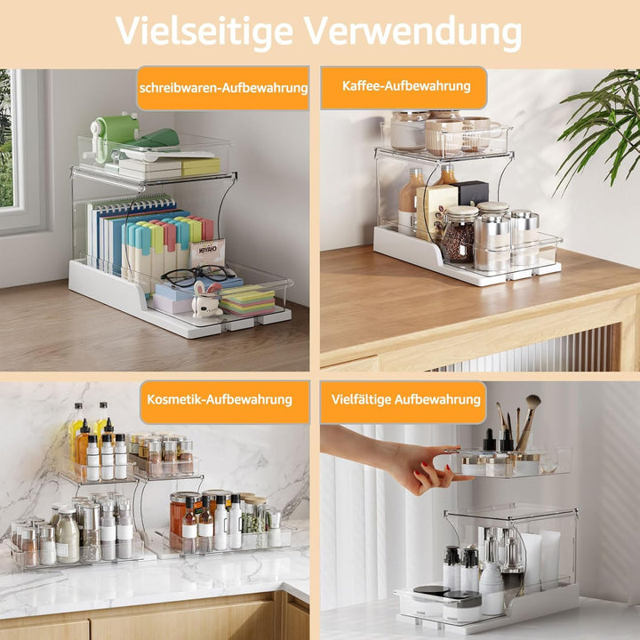 2er Set Badablage Organizer mit Schubladen, 2-stufig drehbar, transparenter Badezimmer Organizer für