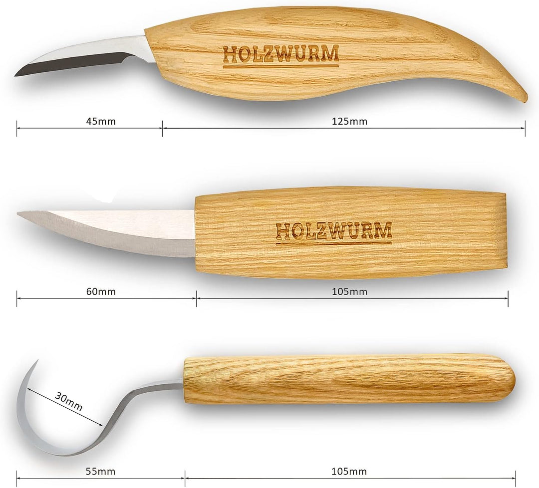Holzwurm Holz Schnitzmesser-Set inkl. Tasche, Anleitung und Vorlagen, ideales Schnitzwerkzeug-Set zu