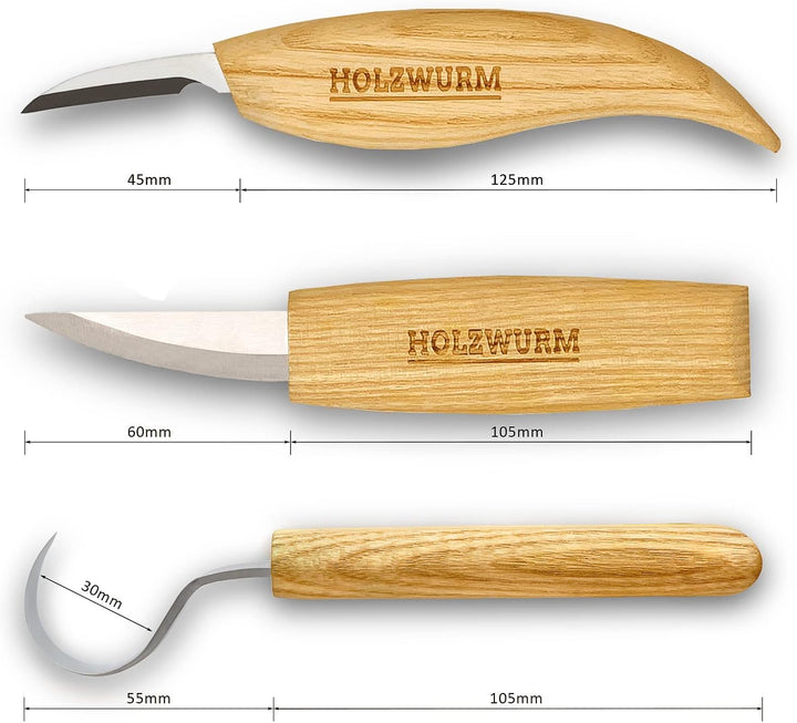 Holzwurm Holz Schnitzmesser-Set inkl. Tasche, Anleitung und Vorlagen, ideales Schnitzwerkzeug-Set zu