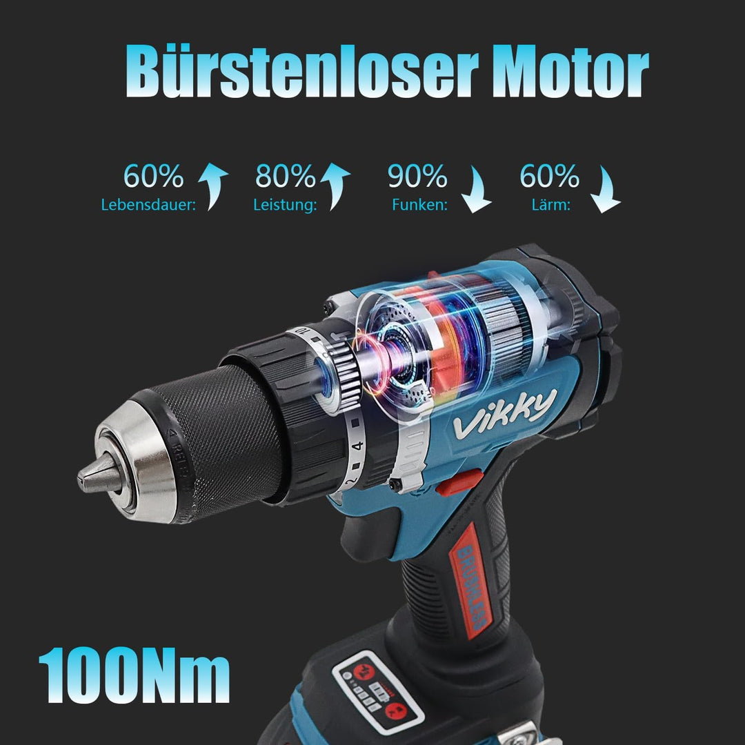 vikky Professional Akku-Schlagbohrschrauber BLSG100 (20V, Brushless, 100Nm, Schlagbohrfunktion, 2 Ga