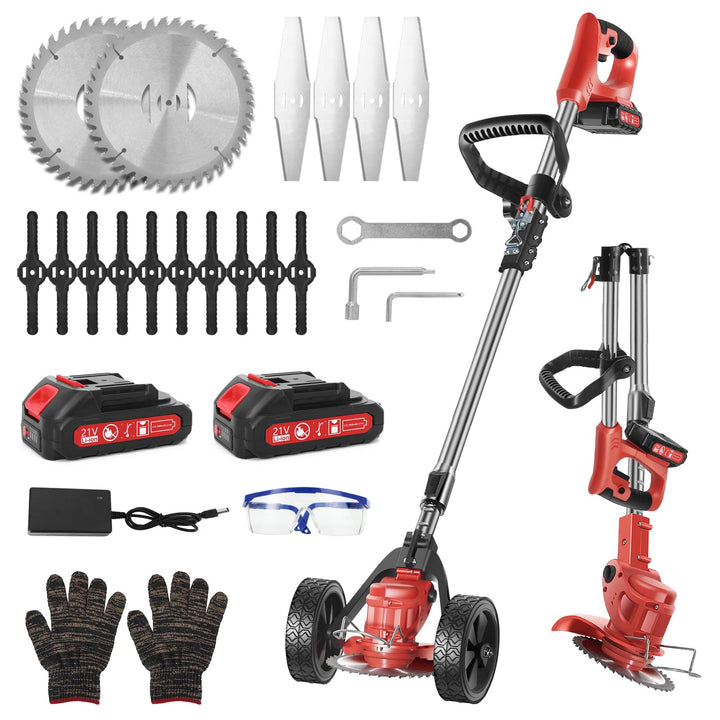 Akku Rasentrimmer 21V mit 2 x 2000mAh Akku, Teleskopstiel & 3 Klingen – Faltbare Motorsense mit 90°