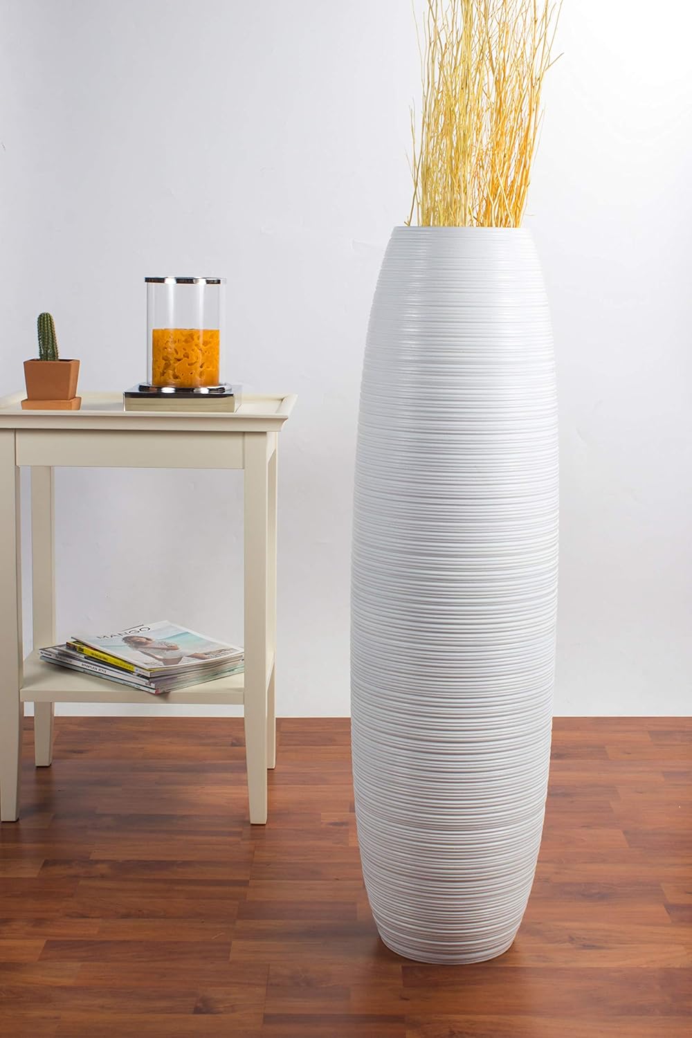 Leewadee Grosse Bodenvase für Dekozweige hohe Standvase Design Holzvase, Holz, 90 cm, Weiss 90 cm We