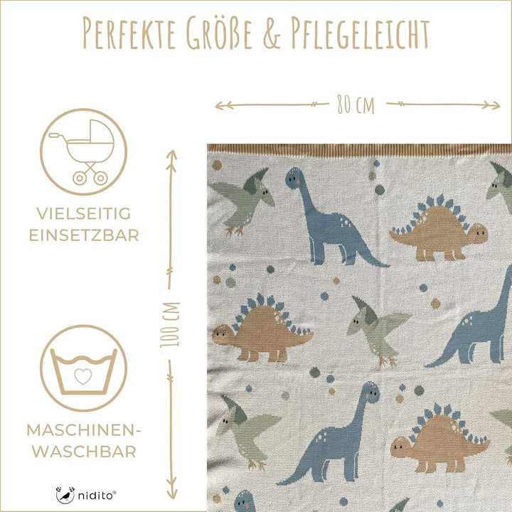 nidito Hochwertige Bio Babydecke Baumwolle Beige Dino - 100% GOTS Bio-Baumwolle - 80x100 cm - herrli