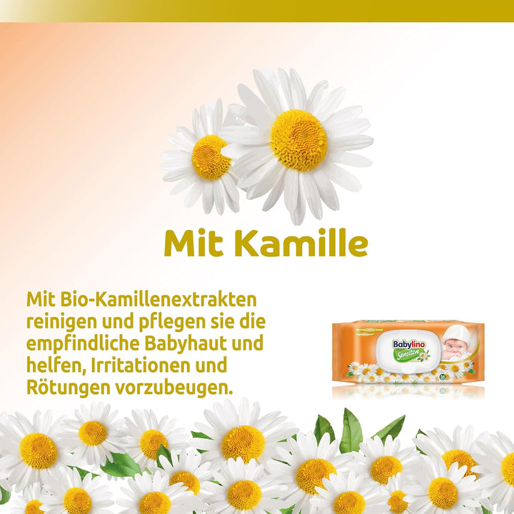Babylino Sensitive Baby Tücher mit sanftem Kamille-Duft, 98% natürliche Formel, die den pH-Wert der