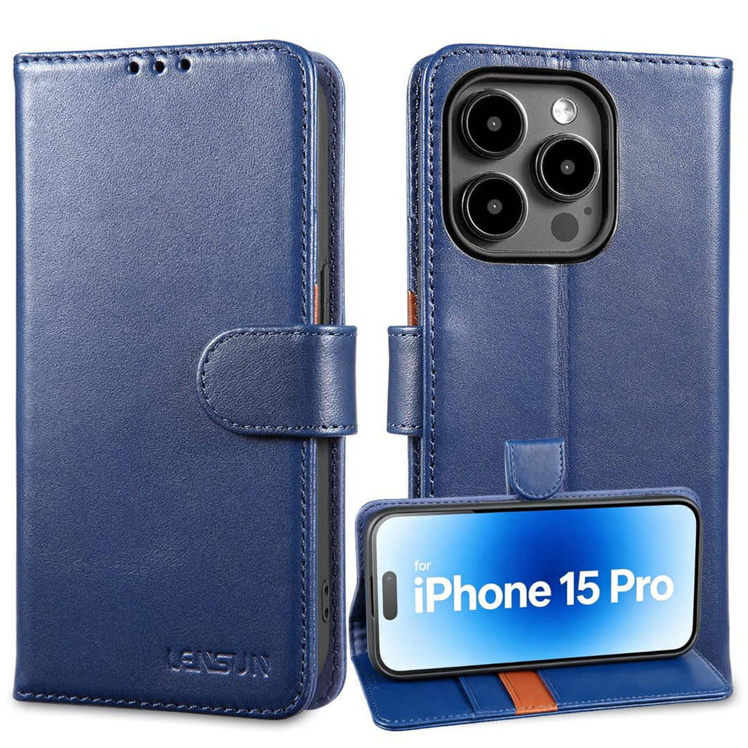 LENSUN Echtleder Hülle für iPhone 15 Pro, Handyhülle Echt Leder [Magnetverschluss][Kartenfach][Klapp