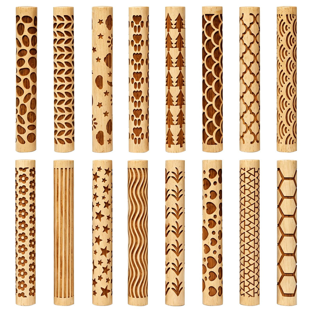 16 Stück Holz Texturrolle für Ton & Keramik 10x1.5cm 16 Stile Töpferstempel Rollen Klein Runde Töpfe