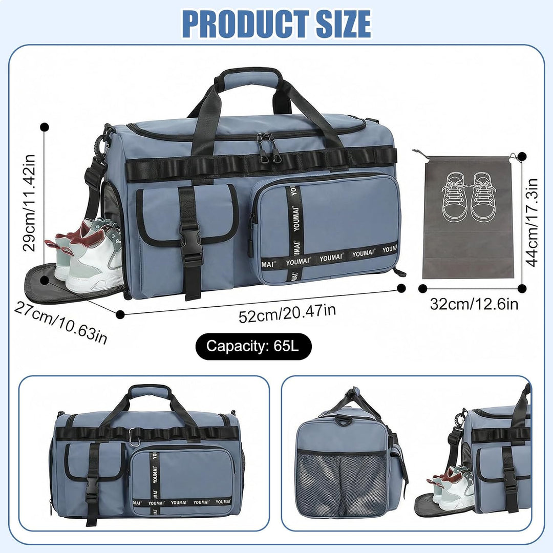 Sporttasche Reisetasche für Damen und Herren, Gross 65L Sporttaschen mit Schuhfach &amp; Nassfach, Large