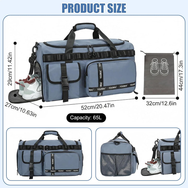 Sporttasche Reisetasche für Damen und Herren, Gross 65L Sporttaschen mit Schuhfach &amp; Nassfach, Large