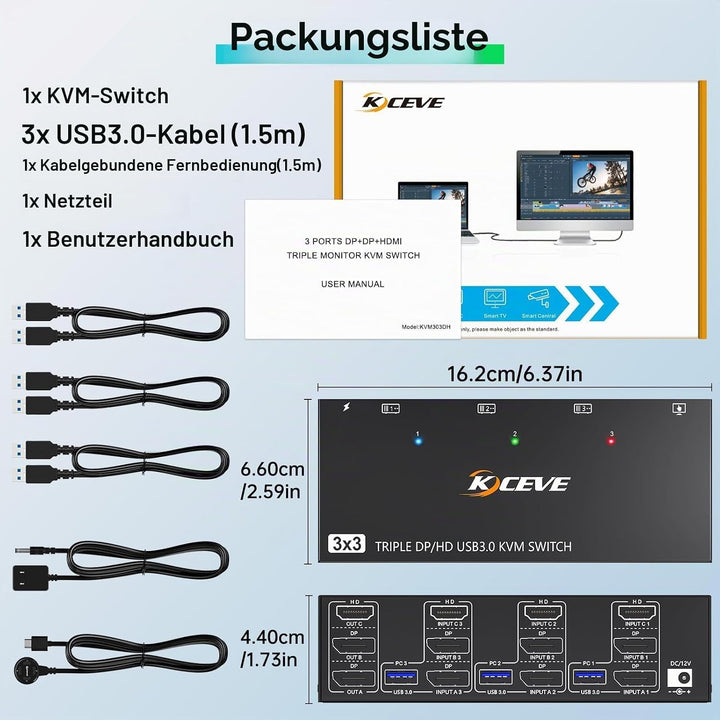 KVM Switch 3 PC 3 Monitore 8K@60Hz 4K@144Hz，MLEEDA HDMI+2 Displayport KVM Switch Triple Monitor für