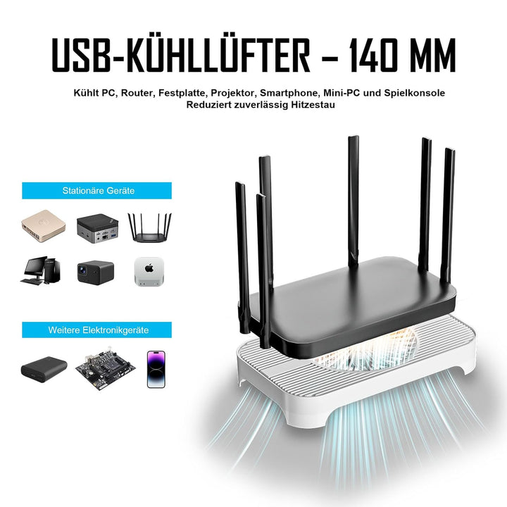 X3 Router-Kühler, 140 mm USB-Kühlplattform mit 18 dB, Weiss