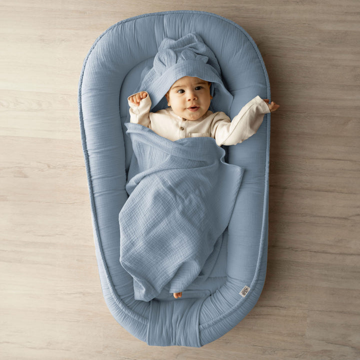 PaLulli Babynest aus 100% Musselin Baumwolle Premium Kuschelnest Babynestchen 100x60cm Klettverschlu