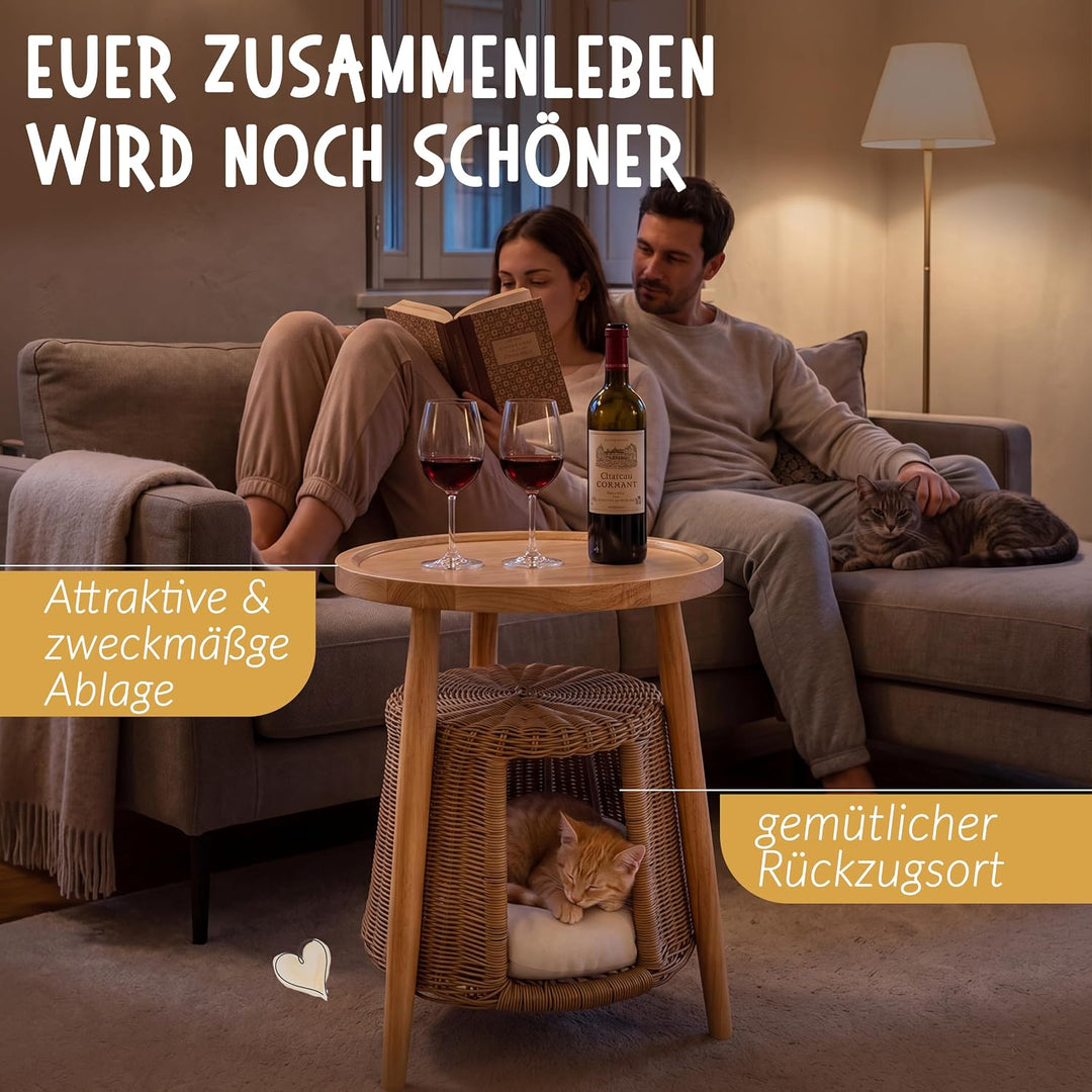 Petigi Katzentisch Beistelltisch Rattan Katzenhöhle Katzenbett Couchtisch | aus Holz und Rattan, Nat