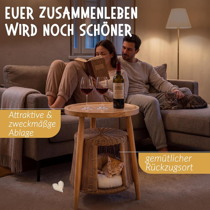 Petigi Katzentisch Beistelltisch Rattan Katzenhöhle Katzenbett Couchtisch | aus Holz und Rattan, Nat