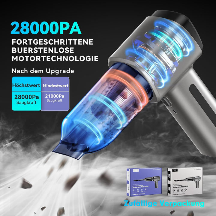 Handstaubsauger Akku Kabellos Autostaubsauger Stark 28000Pa | 4-in-1, Aufladbar, Tragbar, Bürstenlos
