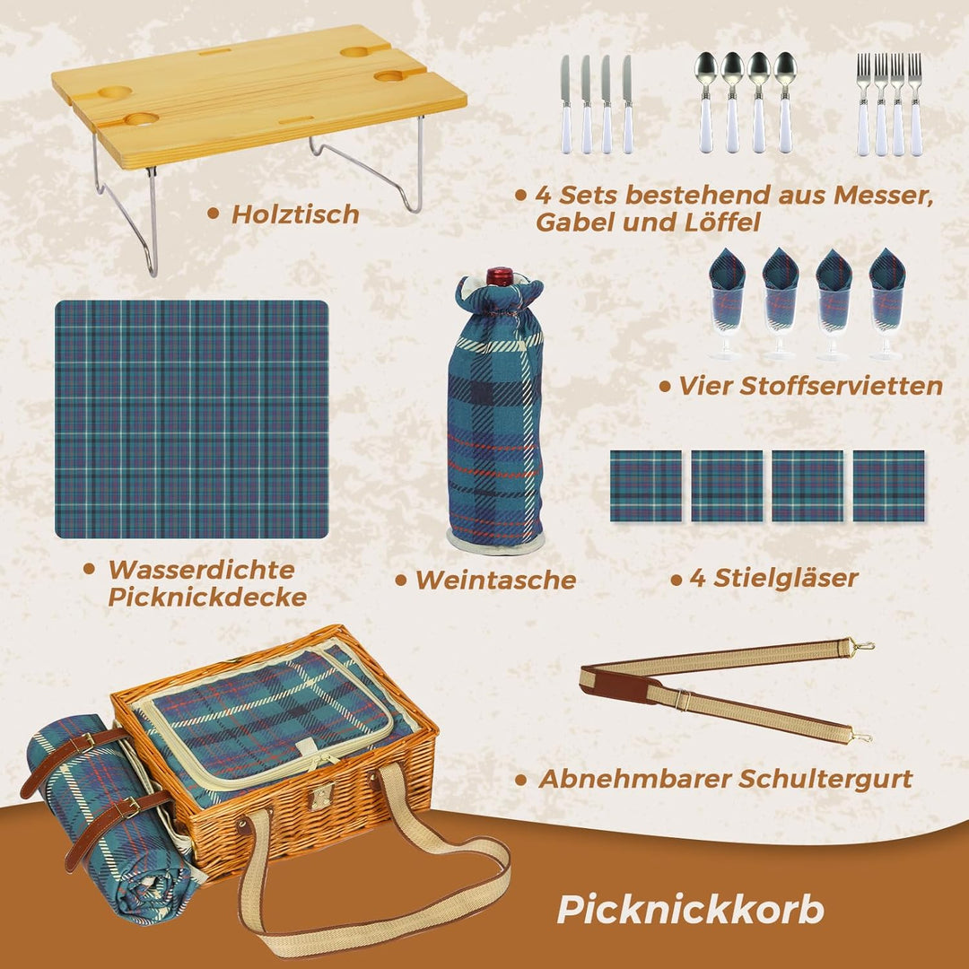 HYBDAMAI Picknickkorb-Set mit Klapptisch und Besteck-Set, Picknickkorb für 4 Personen mit kühltasche