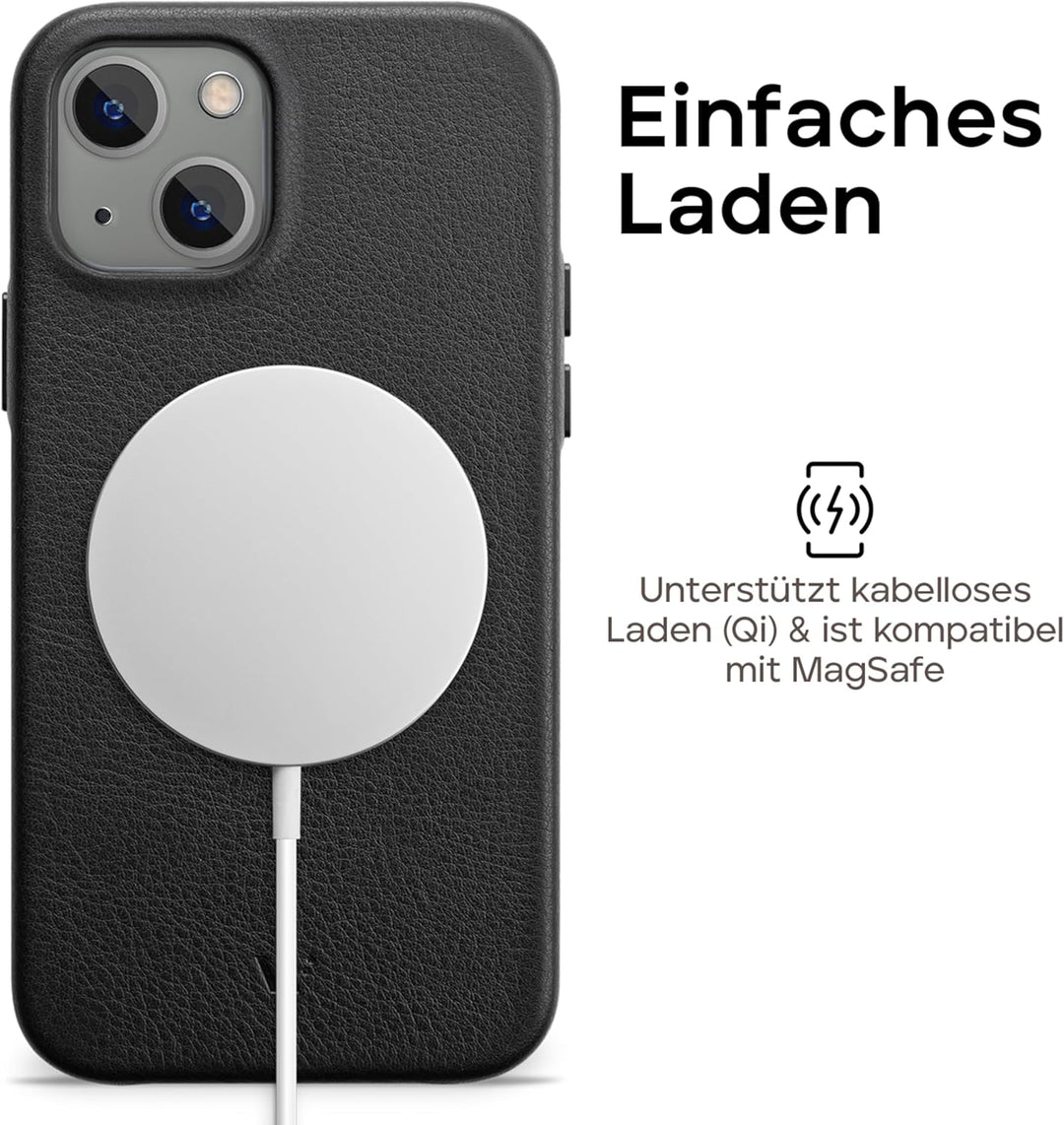 WIIUKA Hülle für iPhone 13, Deutsches Leder, Lederhülle extra Dünn, Premium Handyhülle, Case, Qi, Sc