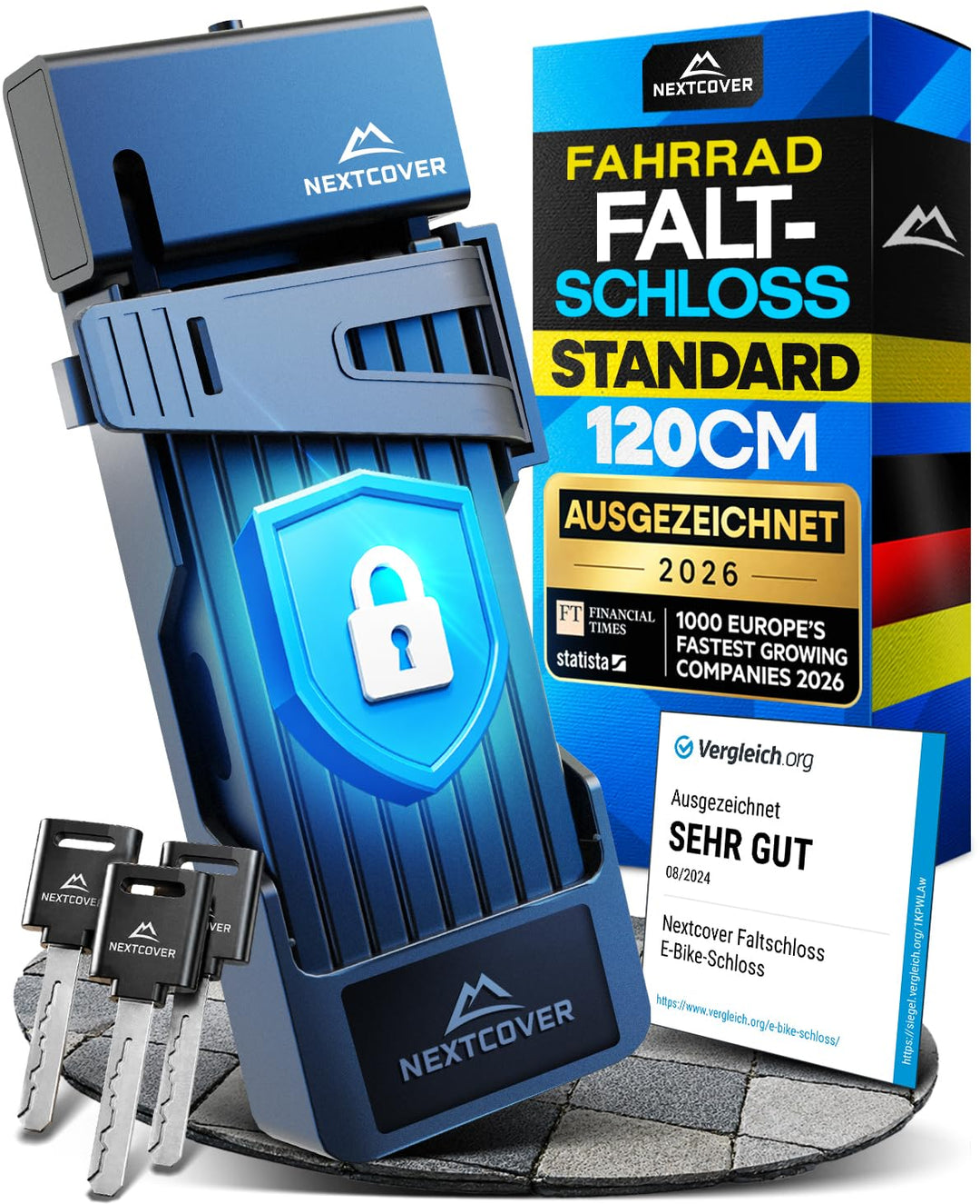NEXTCOVER® Faltschloss Fahrrad FoldOne 120cm - Das Original - mit SteelSecure-Technologie und 3 Schl
