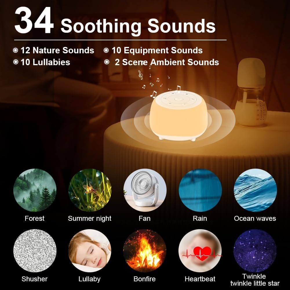 White Noise Machine, Tragbare Baby-Einschlafhilfe, Einschlafhilfe mit 34 Geräuschen,Tragbare Bluetoo