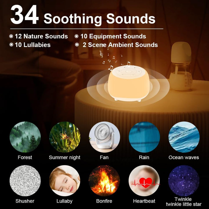 White Noise Machine, Tragbare Baby-Einschlafhilfe, Einschlafhilfe mit 34 Geräuschen,Tragbare Bluetoo