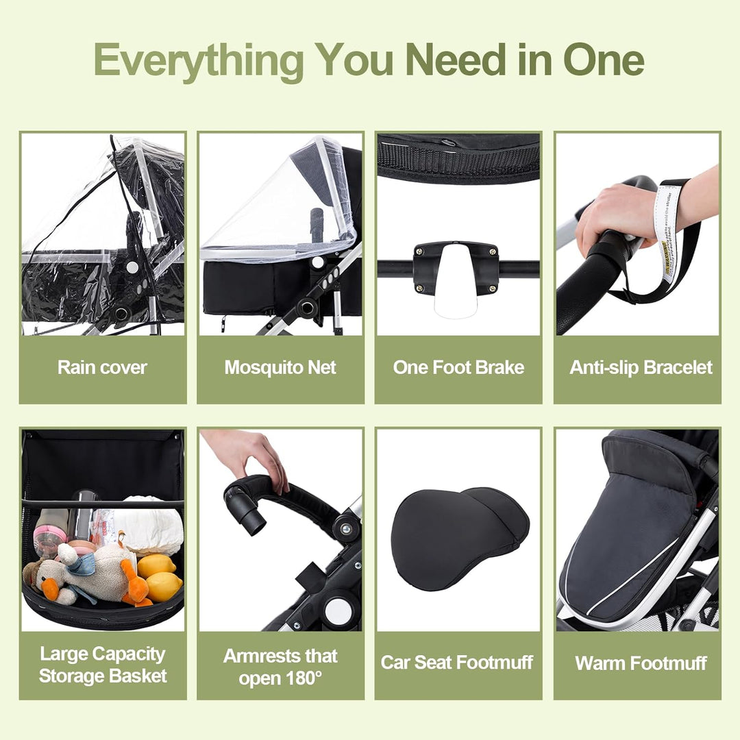 Gcarebb 3 in 1 Kinderwagen, Buggy Mit Auto Babyschale, Mit Einem Klick Zusammenklappbarer Tragbarer
