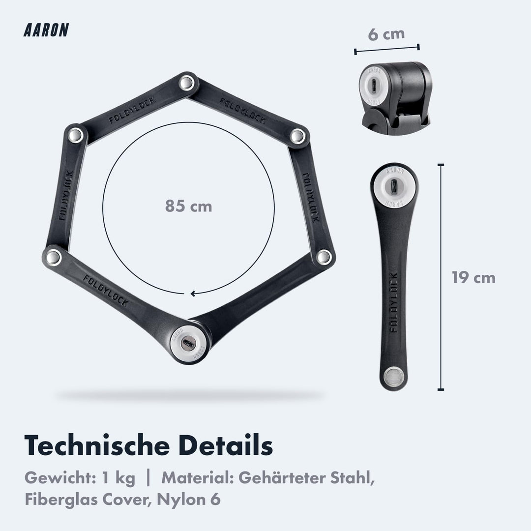AARON Fahrradschloss - sicheres Faltschloss Stufe 14, patentiertes Hochsicherheitsschloss mit Halter
