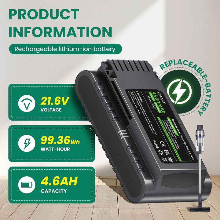 4600mAh 21,6V Ersatzakku für Samsung JET60 JET65 JET70 JET75 JET90 Serie, VS15A60 VS15T70 VS20T75 VS