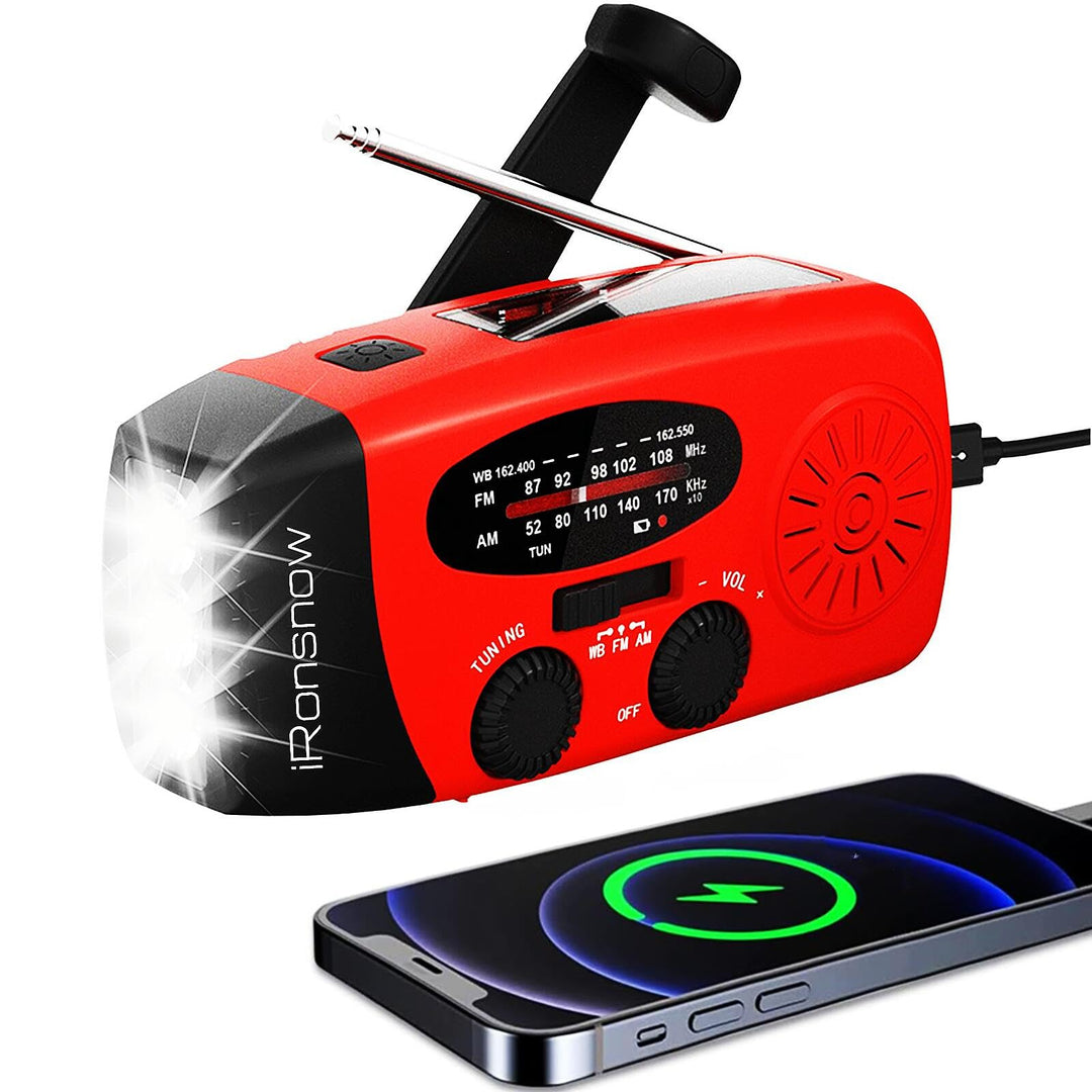 iRonsnow Notfall-Solarradio, Tragbare Kurbelradio mit LED-Taschenlampe, SOS-Alarm, AM/FM/WB Solar No