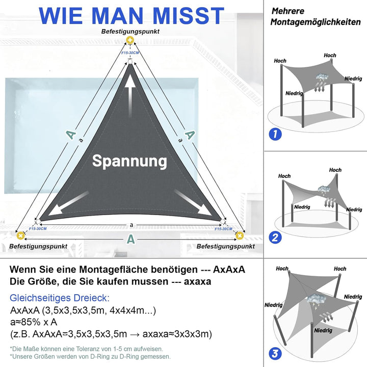 LOVE STORY Sonnensegel Wasserdicht 4x4x4m Dreieckig PES Polyester Sonnenschutz Windschutz Balkon Ter