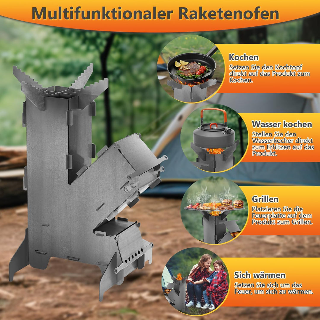 Raketenofen inkl. Grillplatte und Feuerhaken Rocket Stove Stecksystem aus massivem 3 mm dickem Stahl