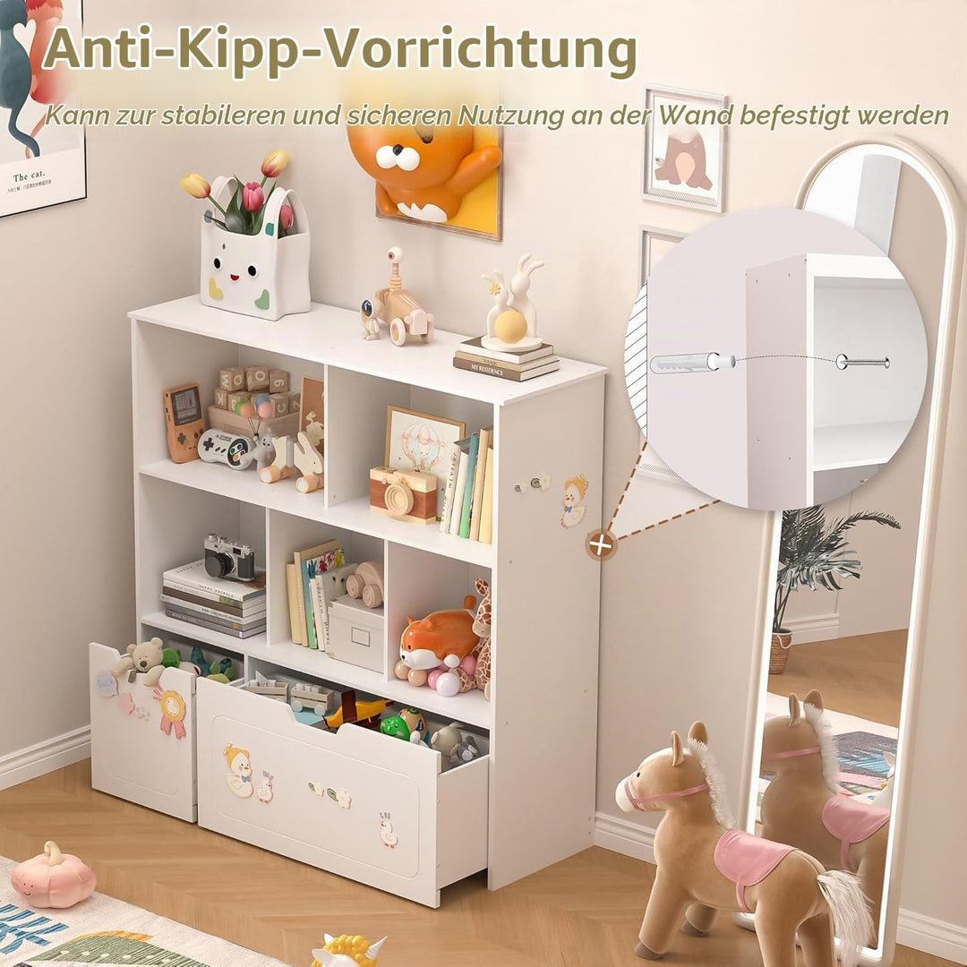 BRINJOY Kinderregal mit 8 Boxen Kinderschrank Holz Bücherregal für Kinder Aufbewahrungsbox mit 2 Bew