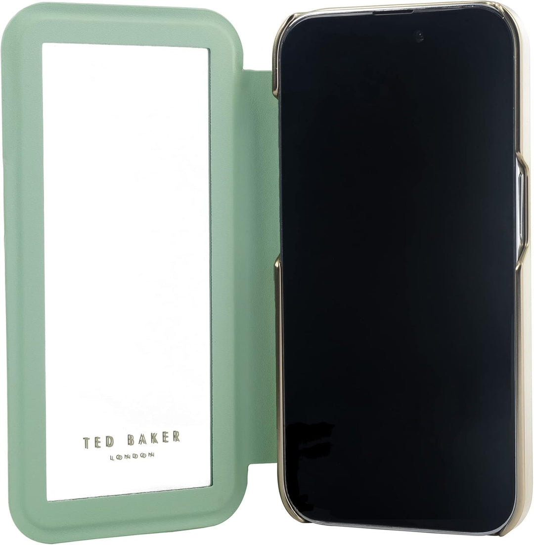 Ted Baker LIRION Cream Flower Placement Mirror Folio Phone Case for iPhone 14 Pro Green Gold Shell,