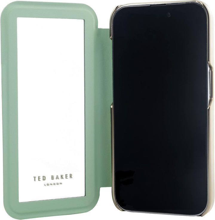 Ted Baker LIRION Cream Flower Placement Mirror Folio Phone Case for iPhone 14 Pro Green Gold Shell,