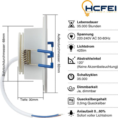 HCFEI 6er Set LED Einbaustrahler Weiss Matt - rund flach 5 Watt dimmbar Warmweiss 3000K 230V IP44 –