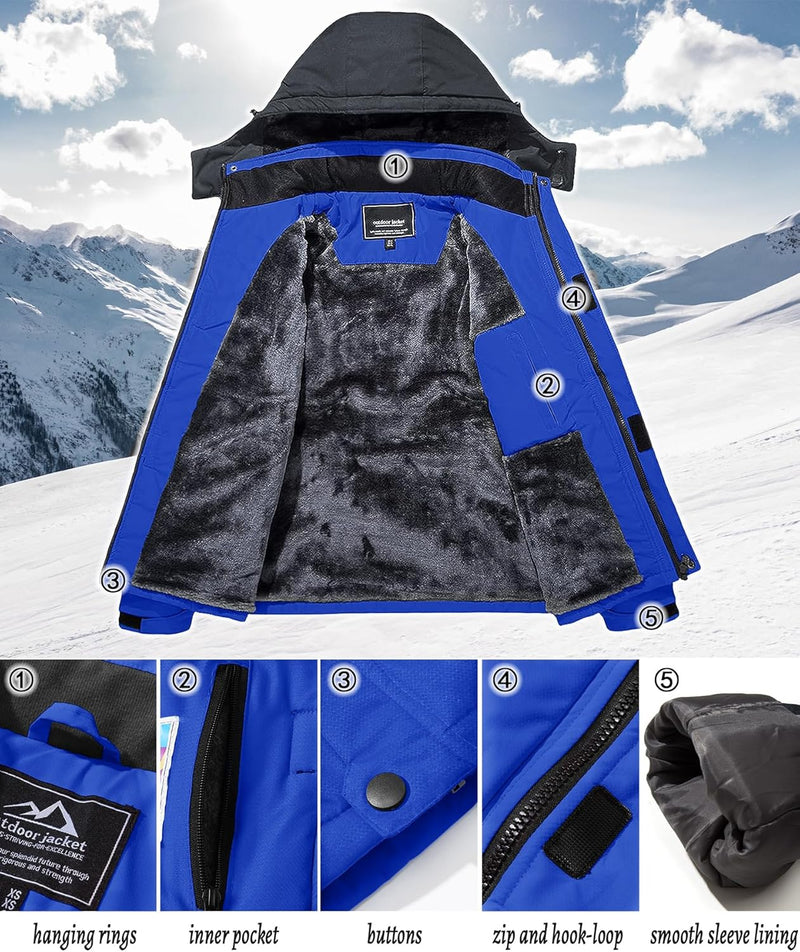 TACVASEN Herren Winter Wasserdichte Winddichte Winterjacke Warme Fleece-Futter Ski Regenmantel mit K