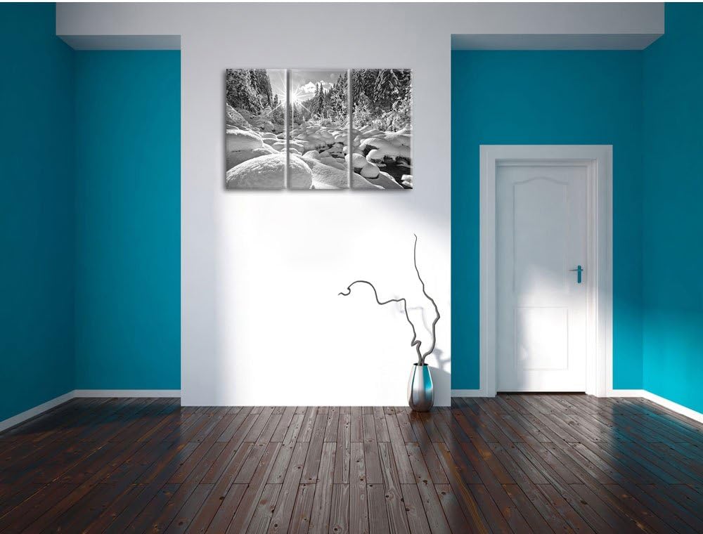 Pixxprint Sonnenstrahlenbedeckten Wald B&W / 3-Teilig/Gesamtmass 120cm Leinwandbild bespannt auf Hol