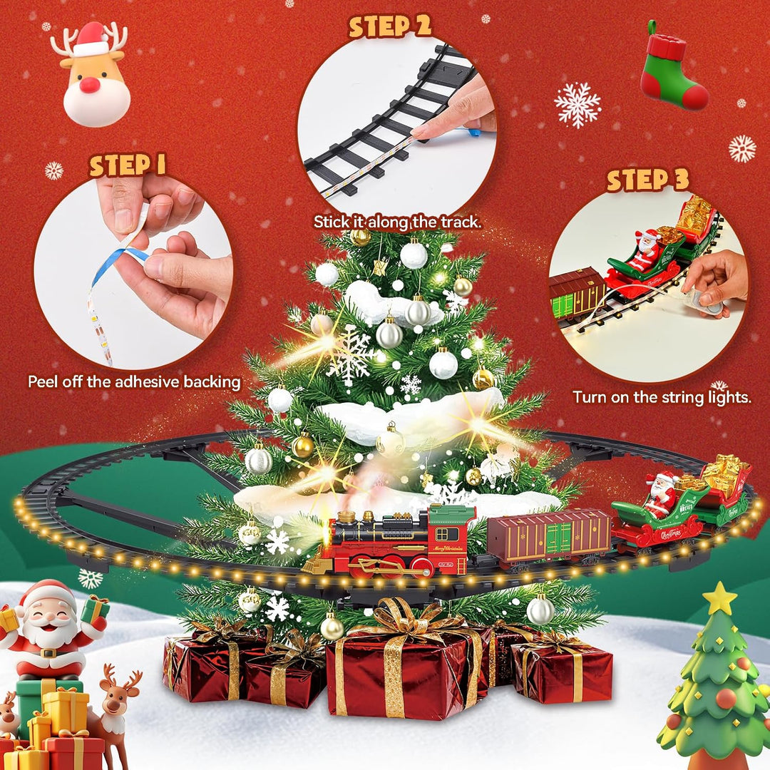 Weihnachtsbaum Zug, Klassisches Weihnachtszug-Set für Kinder mit Warmweiss LED-Lichterkette, Spray u