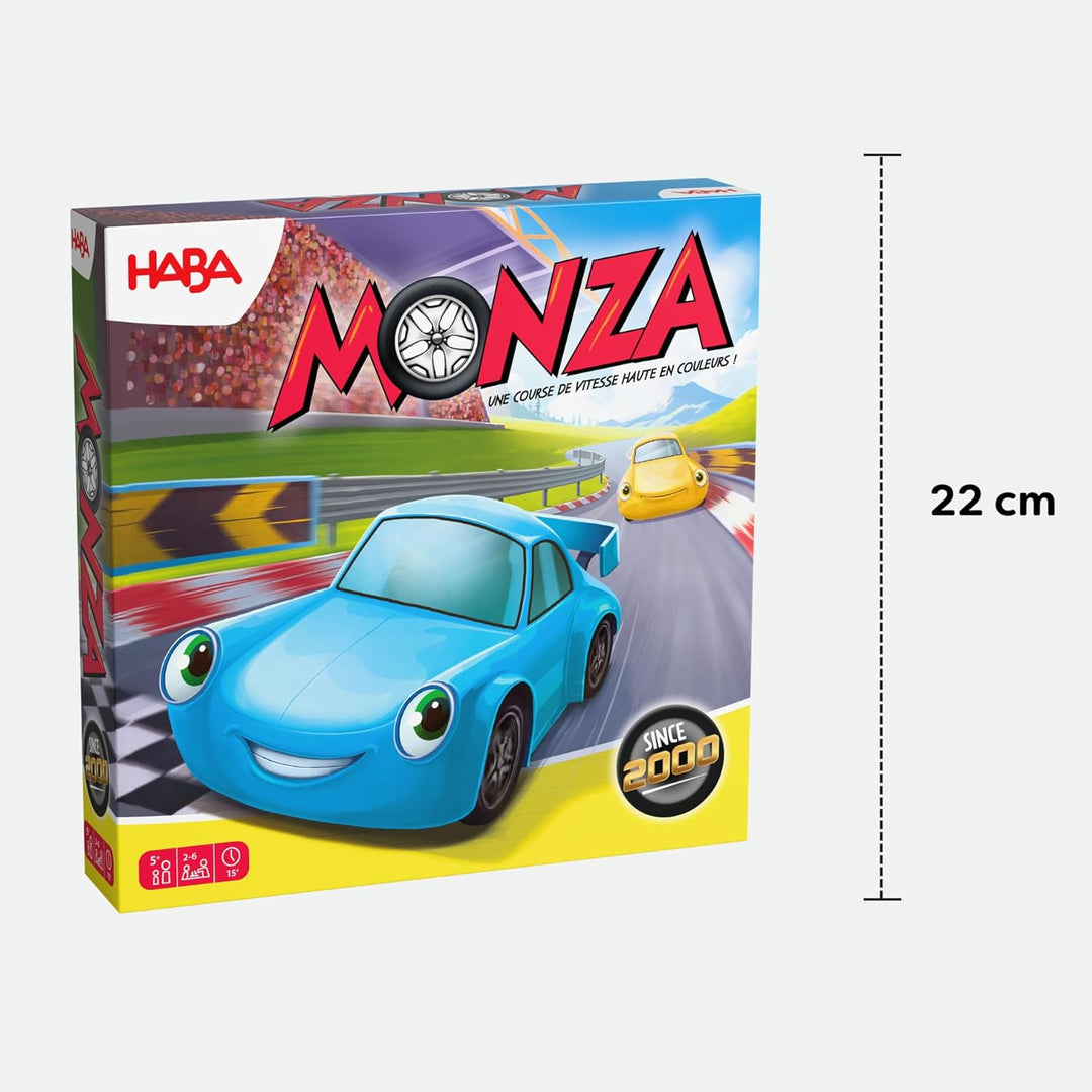 HABA Monza – Rasantes Brettspiel & Auto-Rennspiel für Kinder ab 5 Jahren – Mit 6 bunten Holzautos &