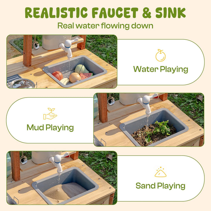 ROBUD Matschküche aus Holz – Outdoor Spielküche mit Zubehör & Maltafel – Rollenspielzeug für Kinder