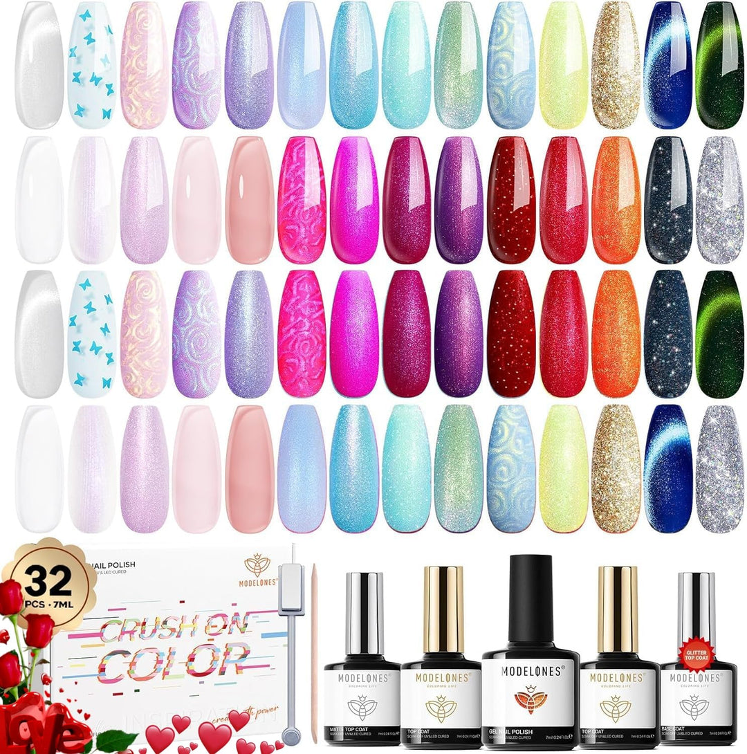 Modelones UV Nagellack Set 32 Pcs, 28 Farben Rosa Rot Weiss Grün, UV Nagellack für Sommer mit Base C