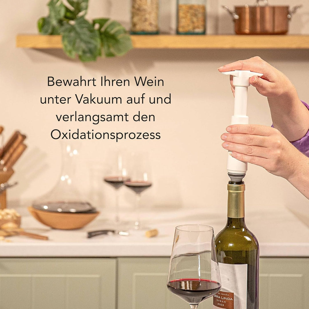 Vacu Vin Original Weinpumpe Weiss mit 2 Vakuumstopfen – Weisses Wein Konservierer-Set – Handpumpe zu