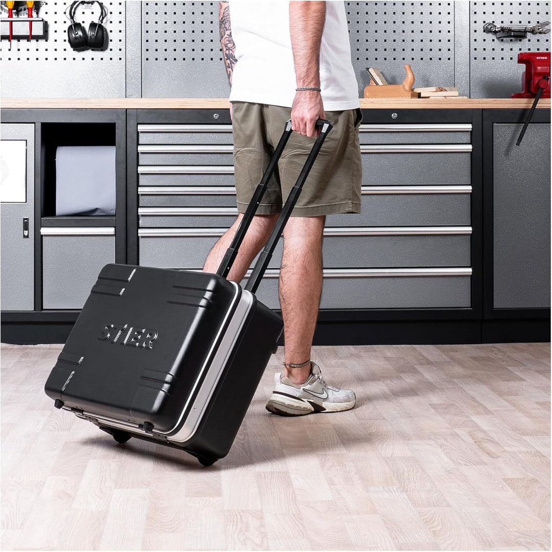 STIER Werkzeugkoffer Trolley leer, robuster Rollkoffer mit ABS-Kunsstoff & Aluminium, Toolbox schwar